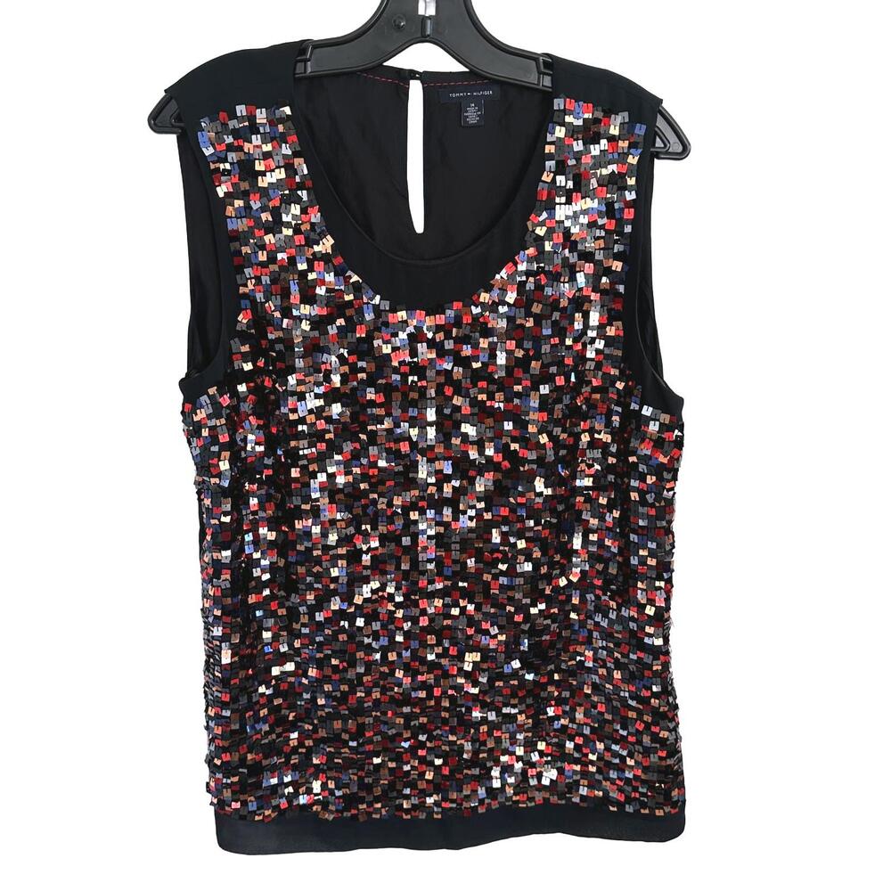 Tommy Hilfiger Women's Black Sleeveles Multicolor Sequin Tank Top - Size 14